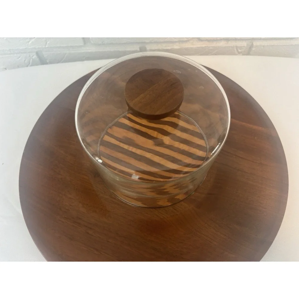 Vintage MCM Wood Cheese Board Glass Cloche Dome Serving Tray Striped Inlay 12in